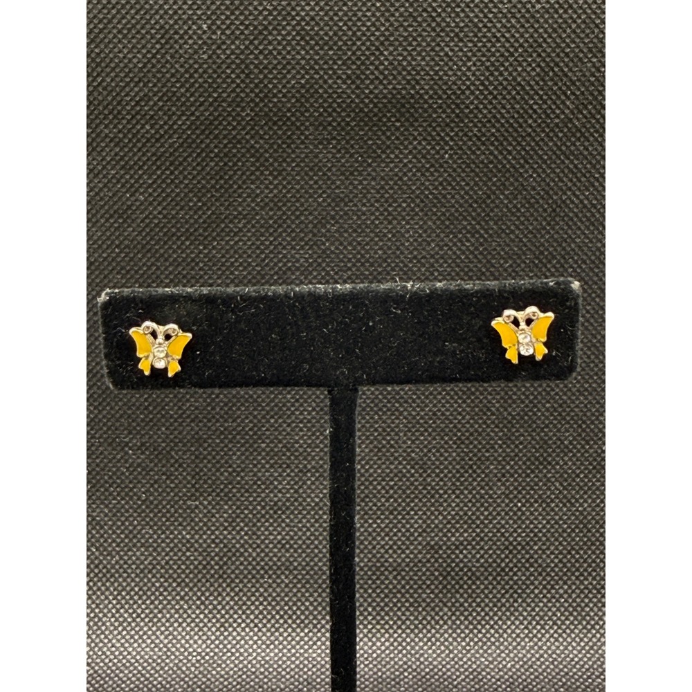 Avon Yellow Enamel Butterfly Stud Earrings Silver Tone Rhinestone Vintage Studs